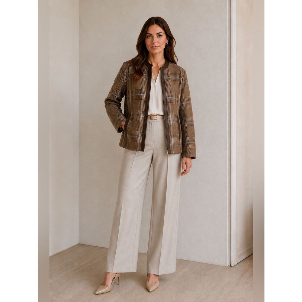Carlisle Reversible Wool-Angora with Leather TrimTan and Cream Plaid Jacket